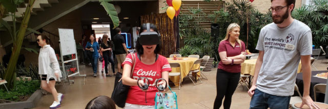 A woman having fun with VR goggles on