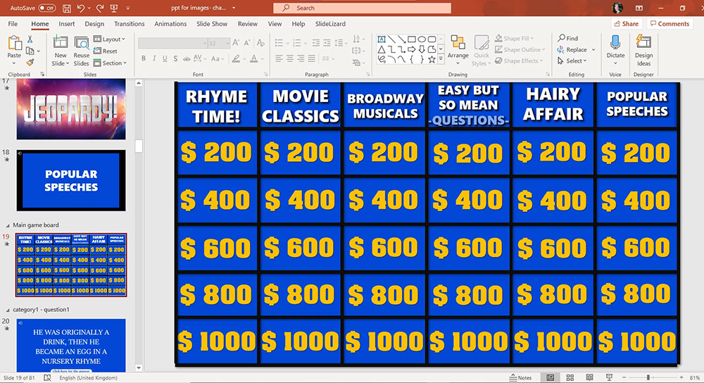 Jeopardy made with PowerPoint